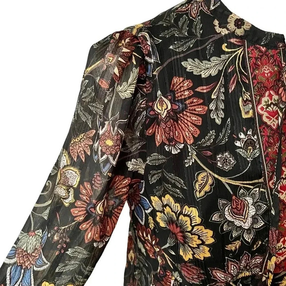 Frye & Co Floral Metallic Chiffon Boho Blouse Split Tie Neck NWT XS - Picture 5 of 13